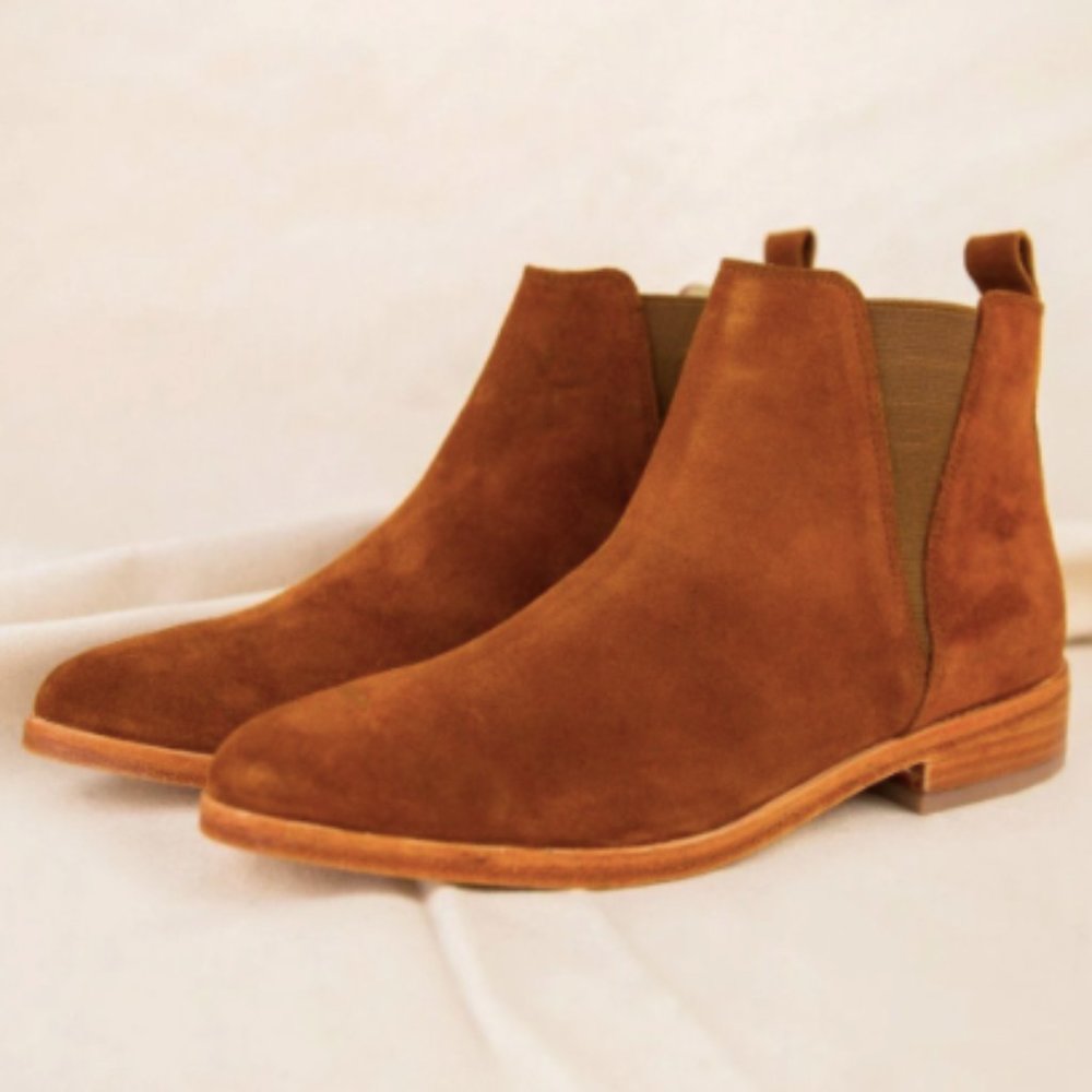 Nisolo Suede Chelsea Ankle Boots in Cognac Brown